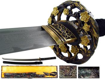 Gold Flower (Live) 4500 Layer Damascus Katana w/ Wood Case F-900